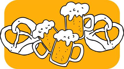 Beer and brezel for Octoberfest decoration, invitation, celebration, print, poster, menu. Food and drink. Autumn festival from Germany, Munich. Hand drawn illustration. Cartoon style vector drawing.