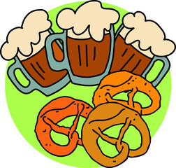 Beer and brezel for Octoberfest decoration, invitation, celebration, print, poster, menu. Food and drink. Autumn festival from Germany, Munich. Hand drawn illustration. Cartoon style vector drawing.