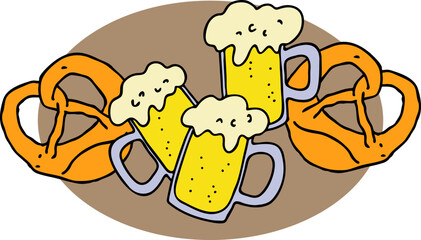 Beer and brezel for Octoberfest decoration, invitation, celebration, print, poster, menu. Food and drink. Autumn festival from Germany, Munich. Hand drawn illustration. Cartoon style vector drawing.