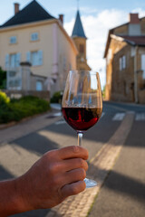 Tasting of red wine by old wine maker in Pierres Dorées region with yellow stone houses on south...