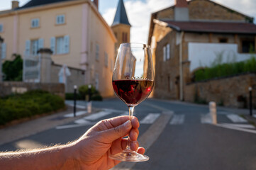 Tasting of red wine by old wine maker in Pierres Dorées region with yellow stone houses on south...