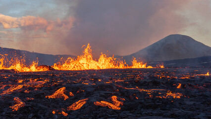 Lava flowing from an volcanic eruption in the Fagradalsfjall volcano, Southwest Iceland, on August 3rd 2022. - obrazy, fototapety, plakaty