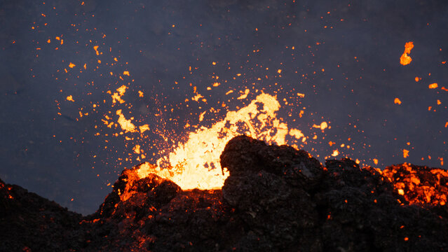 Lava flowing from an volcanic eruption in the Fagradalsfjall volcano, Southwest Iceland, on August 3rd 2022.