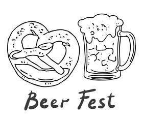 Beer and brezel for Octoberfest decoration, invitation, celebration, print, poster, menu. Food and drink. Autumn festival from Germany, Munich. Hand drawn illustration. Cartoon style drawing.