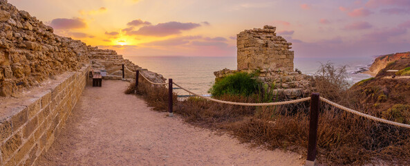 Sunset, crusader fortress and Mediterranean Sea, Apollonia National Park