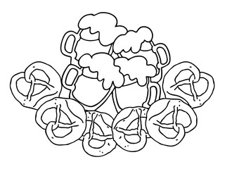 Beer and brezel for Octoberfest decoration, invitation, celebration, print, poster, menu. Food and drink. Autumn festival from Germany, Munich. Hand drawn illustration. Cartoon style drawing.