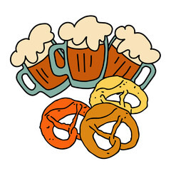 Beer and brezel for Octoberfest decoration, invitation, celebration, print, poster, menu. Food and drink. Autumn festival from Germany, Munich. Hand drawn illustration. Cartoon style drawing.