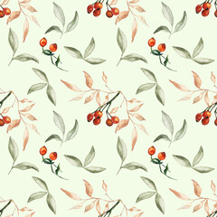 Seamless background with green leaves and red berry doodles, white background. Luxury pattern for creating textiles, scrapbook, wallpaper, paper. Vintage. Romantic floral Illustration