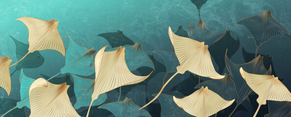 Watercolor ocean art background with stingray fish in line style. Animal hand drawn vector banner for wallpaper design, print, decor. textiles. © VectorART