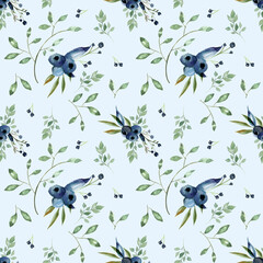 Seamless background with green leaves and blue berry doodles, white background. Luxury pattern for creating textiles, scrapbook, wallpaper, paper. Vintage. Romantic floral Illustration
