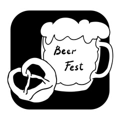 Beer and brezel for Octoberfest decoration, invitation, celebration, print, poster, menu. Food and drink. Autumn festival from Germany, Munich. Hand drawn illustration. Black style drawing.