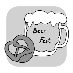 Beer and brezel for Octoberfest decoration, invitation, celebration, print, poster, menu. Food and drink. Autumn festival from Germany, Munich. Hand drawn illustration. Cartoon style drawing.