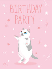 A cute cat with gray spots is dancing on a holiday card. Birthday card in soft pastel colors.