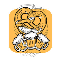 Beer and brezel for Octoberfest decoration, invitation, celebration, print, poster, menu. Food and drink. Autumn festival from Germany, Munich. Hand drawn illustration. Cartoon style drawing.