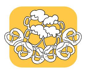 Beer and brezel for Octoberfest decoration, invitation, celebration, print, poster, menu. Food and drink. Autumn festival from Germany, Munich. Hand drawn illustration. Cartoon style drawing.