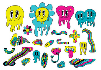 A psychedelic set of funny cartoon emoticons and surreal elements in a psychedelic trendy trippy style.