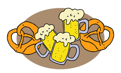 Beer and brezel for Octoberfest decoration, invitation, celebration, print, poster, menu. Food and drink. Autumn festival from Germany, Munich. Hand drawn illustration. Cartoon style drawing.