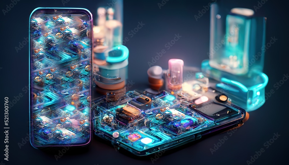 Poster Microchip, electronic components of a mobile device on a printed circuit board or motherboard. Disassembled smartphone in isometric form. The process of repairing a mobile phone. 3d artwork