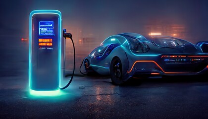 EV charging station for an electric car in the concept of the future in the style of cyberpunk. The futuristic car of the future is charged with electricity. 3d render