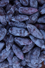 edible honeysuckle berries lie in a brown clay plate isolated on a white background