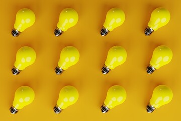 Top view of a bunch of yellow light bulbs over a yellow background. The concept of the formation of ideas, creativity, problem solving. 3d render