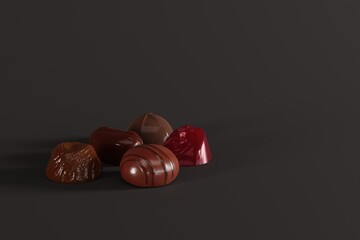 Various chocolate pralines on a dark background. Concept of making chocolate, eating pralines. 3D render, 3D illustration.