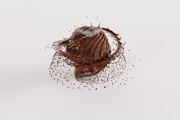 Chocolate praline with a splash of chocolate. Concept of making chocolate, eating pralines. 3D render, 3D illustration.