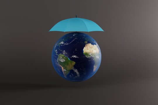 Umbrella covering the planet earth. World protection concept, a protective umbrella for the Earth. 3d render, illustration.