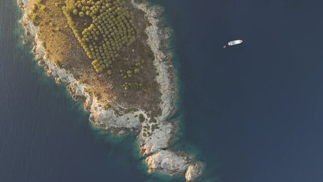 Aerial view of Fetovaia Bay at sunset, Seccheto, Elba Island, Tuscany, Italy.