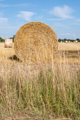 Strohballen auf Feld mit blauen Himmel