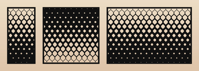 Laser cut pattern set. Vector design with modern abstract geometric ornament, halftone grid, mesh, leaves. Template for cnc cutting, decorative panels of wood, metal, paper. Aspect ratio 1:2, 1:1, 3:2