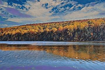 Fototapeta na wymiar Sunny fall day at the Catoctin State Park, with the trees in full autumn foliage. With a reflection of the golden leaves in the water. Edited to create a painted image. 