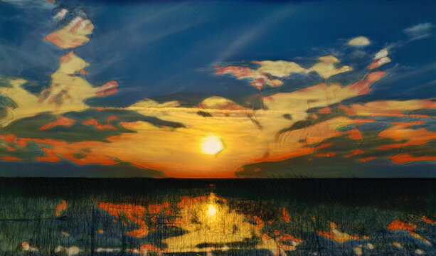 Created mixed media of a painted image of Lake Okeechobee in Florida, USA.  The image was taken on a winter day as the sun was setting.