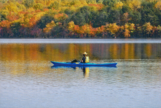 Kayaking Burke Lake in Virginia, with fall foliage.  A person, a man, with a yellow life jacket and cowboy hat is in the blue kayak. 