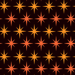 Mid century Modern Atomic starburst in orange and amber orange over dark background .For textile, wallpaper, home décor and fabric 