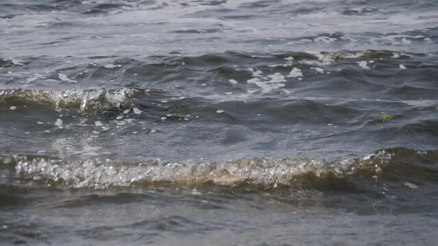 Slow motion - sea or river water waves crashing on beach - close up view. Nature and relaxation concept
