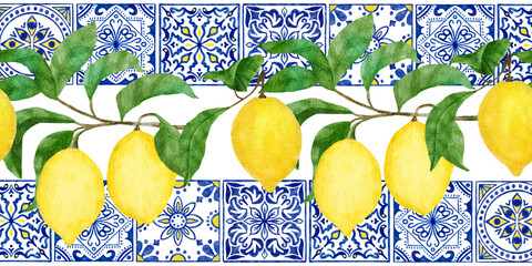 Hand drawn watercolor seamless border with yellow citrus lemons, blue white portugese azulejo tiles. Bright summer holiday vintage frame, tasty fruit healthy juicy ripe.