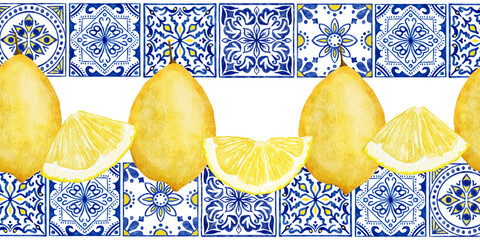 Hand drawn watercolor seamless border with yellow citrus lemons, blue white portugese azulejo tiles. Bright summer holiday vintage frame, tasty fruit healthy juicy ripe. - obrazy, fototapety, plakaty