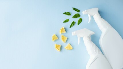 On a light blue background, white spray bottles with cleaning and detergent for cleaning the house and premises, spray lemon slices and green mint leaves.  Close-up, flat lay, background pattern. © Yulia Shutikova