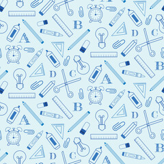 Cute school  tools  with crayon, clock, light blub, pencil, scissor  and  letters from the alphabet in blue outline style. For back to  school backgrounds, posters, stationary and wrapping paper 
