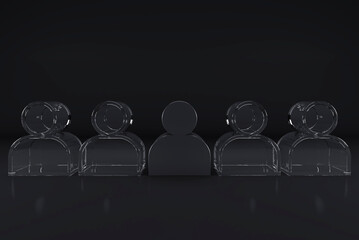 Be different, one man in black color among transparent people