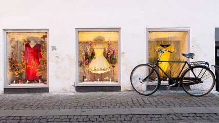 Shop front windows and bicycle in Copenhagen, Denmark