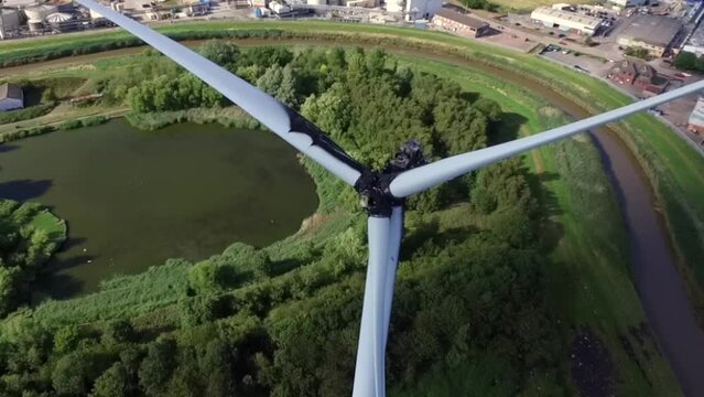 aerial view of wind turbine destroyed by fire over heated and set ablaze, Croda Chemicals. Kingston upon Hull  green Energy electrical problem, wind turbine destroyed by fire damage  Hull
