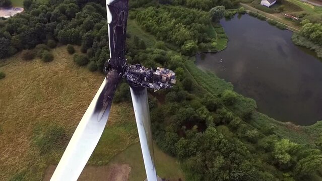 aerial view of wind turbine destroyed by fire over heated and set ablaze, Croda Chemicals. Kingston upon Hull  green Energy electrical problem, wind turbine destroyed by fire damage  Hull