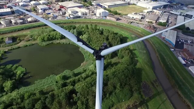 aerial view of wind turbine destroyed by fire over heated and set ablaze, Croda Chemicals. Kingston upon Hull  green Energy electrical problem, wind turbine destroyed by fire damage  Hull
