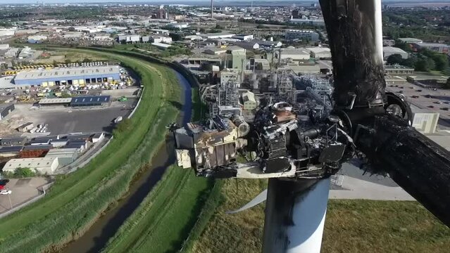 aerial view of wind turbine destroyed by fire over heated and set ablaze, Croda Chemicals. Kingston upon Hull  green Energy electrical problem, wind turbine destroyed by fire damage  Hull