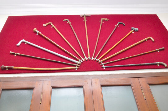 bhavnagar gujarat india january 22- 2022 : for old age people's vintage desingner sticks in nilambag palace hotel bhavnagar