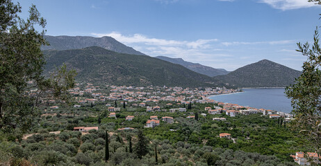 Fototapeta na wymiar Paralia Tyrou (Tyros), an attractive resort town, located under Parnon mountain and by Myrtoan sea, Peloponnese, Greece 