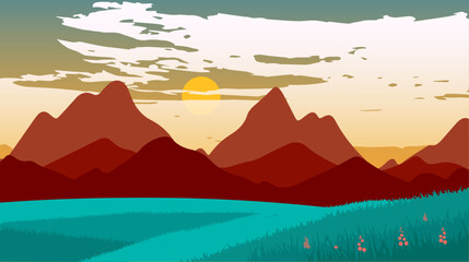 Fototapeta na wymiar Beautiful landscape with forest, mountains, and sunset in vector format. Trendy illustration for postcards, wallpaper, banners. Panorama view of wild nature. Hand drawn enviroment.
