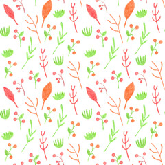 Seamless pattern with forest plants, berries and grass hand drawn with colored pencils in warm autumn colors